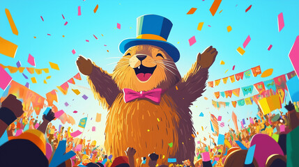 Punxsutawney Phil, wearing a tiny top hat and emerging from his burrow, surrounded by festive banners and a cheering crowd