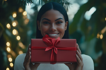 portrait of a woman with a gift. woman with christmas gift