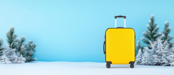 A yellow suitcase is seen in a snowy forest. This is a travel concept in the winter.