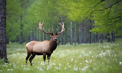 close-up of a elk against the background of a blooming green spring forest