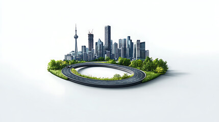 Poster - 3d illustration of infinity road with skyline, design advertisement isolated, never ending road design advertisement, city skyline with piece of land isolated, bending road on white background