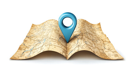 Poster - 3D Location Folded Paper Map, Search Bar and Pin Isolated, Blue GPS Pointer Marker Icon, GPS and Navigation Symbol, Element for Map, Social Media, Mobile Apps, Realistic Vector Illustration