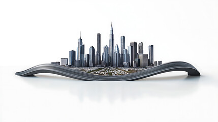 Aufkleber - 3d illustration of infinity road with skyline, design advertisement isolated, never ending road design advertisement, city skyline with piece of land isolated, bending road on white background