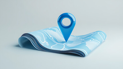 Poster - 3D Location Folded Paper Map, Search Bar and Pin Isolated, Blue GPS Pointer Marker Icon, GPS and Navigation Symbol, Element for Map, Social Media, Mobile Apps, Realistic Vector Illustration