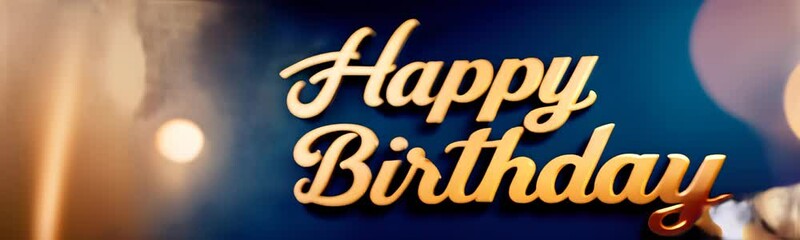 Luxury Happy Birthday text in metallic gold script against a deep blue background with warm light reflections, Website banner