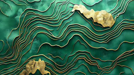 Leinwandbilder - Abstract gold topographic lines on a green background, Golden line waves topographical design, Geographic mountain contours Vector Illustration