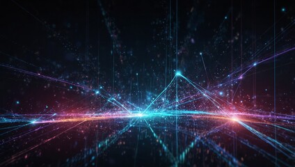 Wall Mural - bstract digital background with neon light particles and luminous rays in motion, technology and networking. Telecommunication. Big data connection
