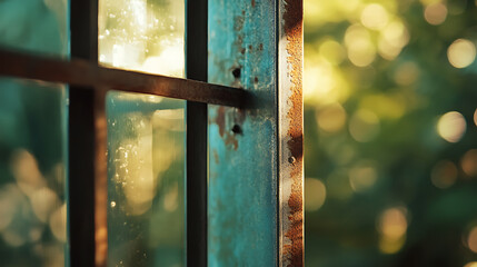 Poster - Aluminum window detail, Metal door frame open closeup view, Energy efficient, safety profile, blur green outdoor background