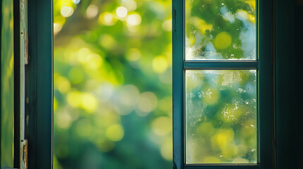 Poster - Aluminum window detail, Metal door frame open closeup view, Energy efficient, safety profile, blur green outdoor background