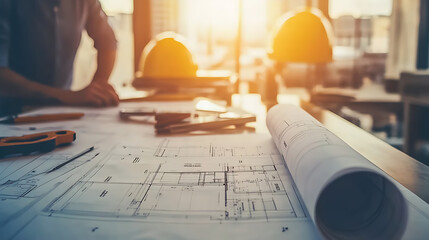 Leinwandbilder - Architect workplace top view, Architectural project, blueprints, blueprint rolls on table, Construction background, Engineering tools, Copy space