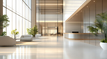 Fototapete - Blurred hotel or office building lobby blur background interior view toward reception hall, modern luxury white room space with blurry corridor and building glass wall window