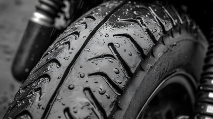 Fototapete - Close, up shot of classical motorcycle tire tread in wet weather condition
