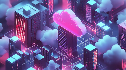Aufkleber - Cloud storage for downloading an isometric, A digital service or application with data transmission, Network computing technologies, Futuristic Server, Digital space, Data storage, Vector illustration