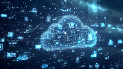Leinwandbilder - computer cloud with many digital icons in the background
