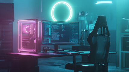 Poster - Computer Gaming PC on video gaming desk in dark room with neon light, Futuristic modern workplace of internet blogger, streamer or computer gamer, Monitor, transparent computer, chair, ring light