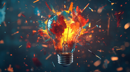 Poster - Creative colored light bulb explosion with shards and paint, a creative idea, Think different, concept, Business, ideas and the discovery of new technology