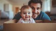 © Liliia - A man and a baby are in a cardboard box. The baby is smiling and the man is smiling back. Scene is happy and playful