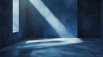 Fototapete - Empty Dark Blue Studio Background and Grey Floor Concrete perspective with blue soft light well editing Floor Display product and text present on Wall Room Empty free space Black Cement Backdrop photo