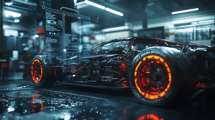 Aufkleber - EV electric vehicle technology industry concept, futuristic virtual graphic touch user interface on screen with auto repair garage blurred on background