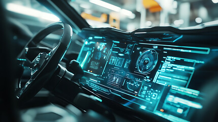 Poster - EV electric vehicle technology industry concept, futuristic virtual graphic touch user interface on screen with auto repair garage blurred on background