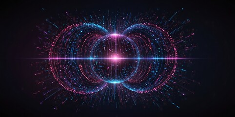 Wall Mural - Big data neon background. Technology ai round particles dots banner. Artificial Intelligence futuristic swirl circle connect innovation design