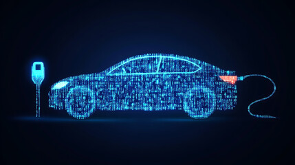 Poster - Future EV car electric plug and battery charger blue abstract digital binary code background, Alternative and sustainable energy concept, New futuristic system technology symbol, Vector illustration