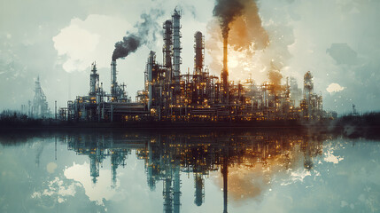 Poster - Future factory plant and energy industry concept in creative graphic design, Oil, gas and petrochemical refinery factory with double exposure arts showing next generation of power and energy business