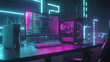 © CreativeCreations - Gaming computer on desk in video gamer room with neon lights, Gaming PC monitor with abstract interface of computer game, Workstation of gaming streamer on table, Work station with neon cooler, Esport