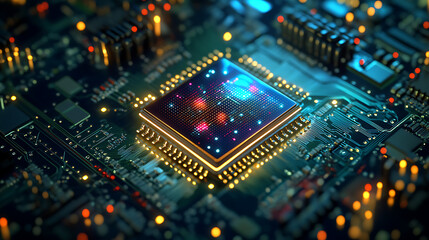 Poster - Futuristic microchip processor with lights on the blue background. Quantum computer; large data processing; database concept. CPU isometric banner. Central Computer Processors CPU concept Digital chip