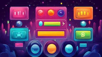 Leinwandbilder - Game design interface with glossy buttons and panels, Vector cartoon set of ui elements different colors, circle buttons with icons, bars, sliders, arrows and login frame
