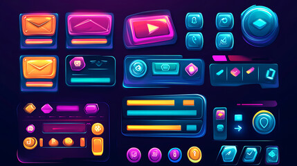 Leinwandbilder - Game design interface with glossy buttons and panels, Vector cartoon set of ui elements different colors, circle buttons with icons, bars, sliders, arrows and login frame