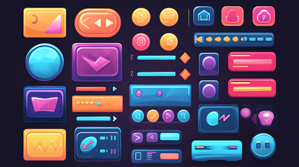 Wall Mural - game design interface with glossy buttons and panels, vector cartoon set of ui elements different co