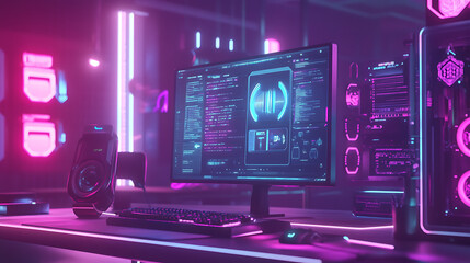 Fototapete - Gaming computer on desk in video gamer room with neon lights, Gaming PC monitor with abstract interface of computer game, Workstation of gaming streamer on table, Work station with neon cooler, Esport