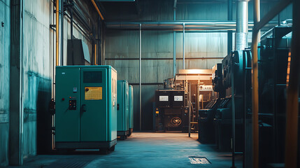 Generator room with two generators in factory standby for power backup, Diesel generator