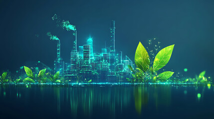 Poster - Green industry concept with factory and leaves in futuristic glowing low polygonal style on blue