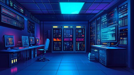 Poster - Isometric illustration analysis big data and data stream, Digital datacenter, database, hosting server, cloud storage, PC storage, laptop workstation, Cyber security big data on hosting server, Vector