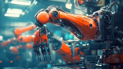 Leinwandbilder - Mechanized industry robot and robotic arms for assembly in factory production, Concept of artificial intelligence for industrial revolution and automation manufacturing process 