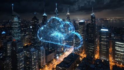 Wall Mural - digital illustration of a cloud icon with circuitry, surrounded by skyscrapers. blue tones dominate 
