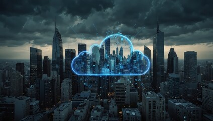 Wall Mural - digital illustration of a cloud icon with circuitry, surrounded by skyscrapers. blue tones dominate 