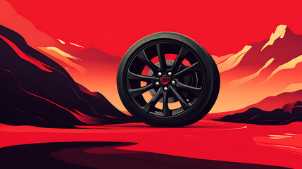 Aufkleber - Modern car wheel with a disk on a red background and engine oil, Advertising poster, Car tires, Advertising banner for the sale, Black rubber tire, Landscape poster, flyer, booklet brochure design