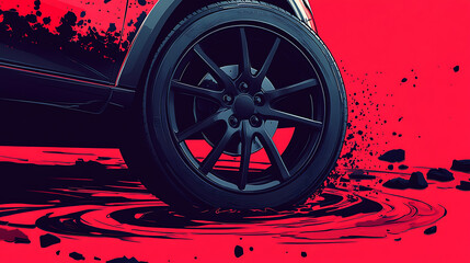 Aufkleber - Modern car wheel with a disk on a red background and engine oil, Advertising poster, Car tires, Advertising banner for the sale, Black rubber tire, Landscape poster, flyer, booklet brochure design