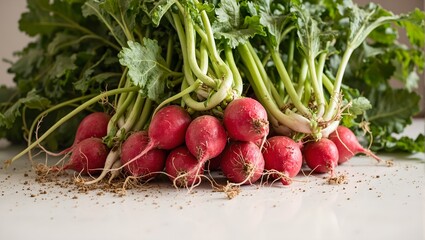 Freshly picked radishes and green onions on a kitchen counter