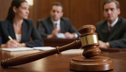 Close-up of a courtroom gavel in focus with a blurred couple in the background, symbolizing relationship decisions, divorce, or legal judgments involving personal and family matters