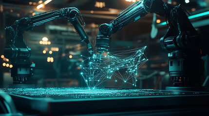 Leinwandbilder - Neural network or artificial intelligence in industry 4, 0, Robotic arms creates neural network on podium in virtual reality, Industrial revolution, Concept of futuristic industry technology