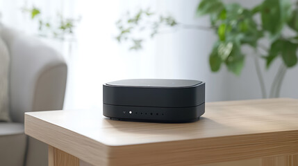 Poster - New black Wi, Fi router on wooden table indoors