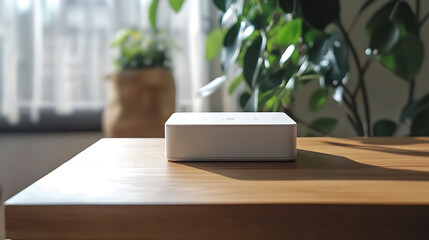 Aufkleber - New white Wi, Fi router on wooden table indoors