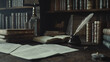 © CreativeCreations - Old quill pen with an inkwell, papers and books on a table against an old bookshelf, Concept on the theme of history, education, literature, Retro style