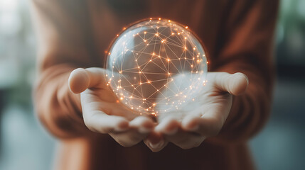 Aufkleber - Pair of hands holding a transparent globe with digital connections and nodes superimposed over it, representing a network, global communication