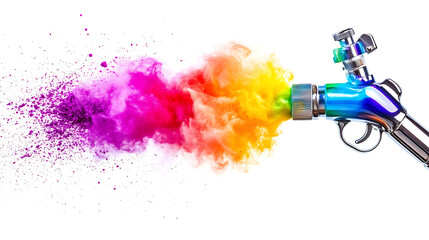 Poster - professional chrome metal airbrush acrylic color paint gun tool with colorful rainbow spray holi powder cloud explosion isolated on white panorama background industry art scale model modelling concept