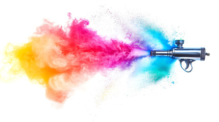 Poster - professional chrome metal airbrush acrylic color paint gun tool with colorful rainbow spray holi powder cloud explosion isolated on white panorama background industry art scale model modelling concept